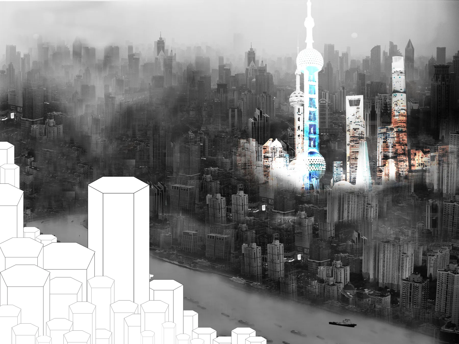 Lujiazui, photographed; the white hexagonal towers drawn over it
