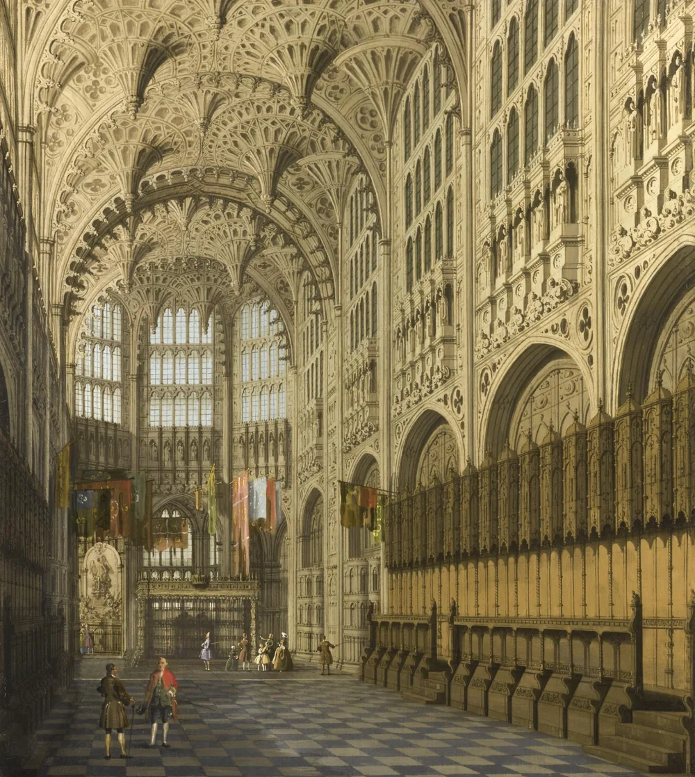A Gothic nave, painter not on record; its vault is laid over the stair