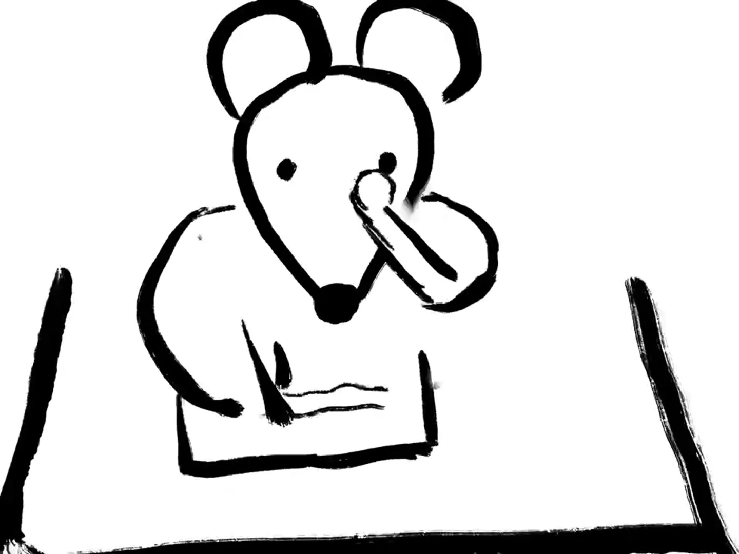 The mouse writes. Ink on paper, frame by frame.