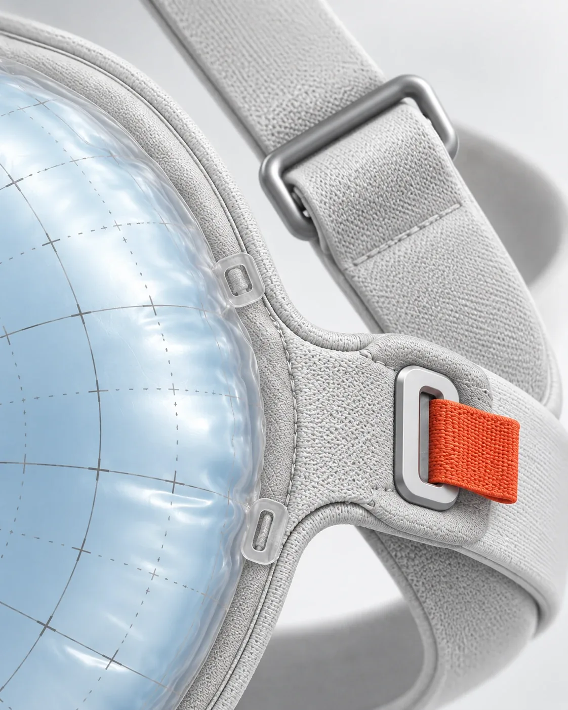 Data Skin, concept render, detail: the grid, the orange pull and the strap