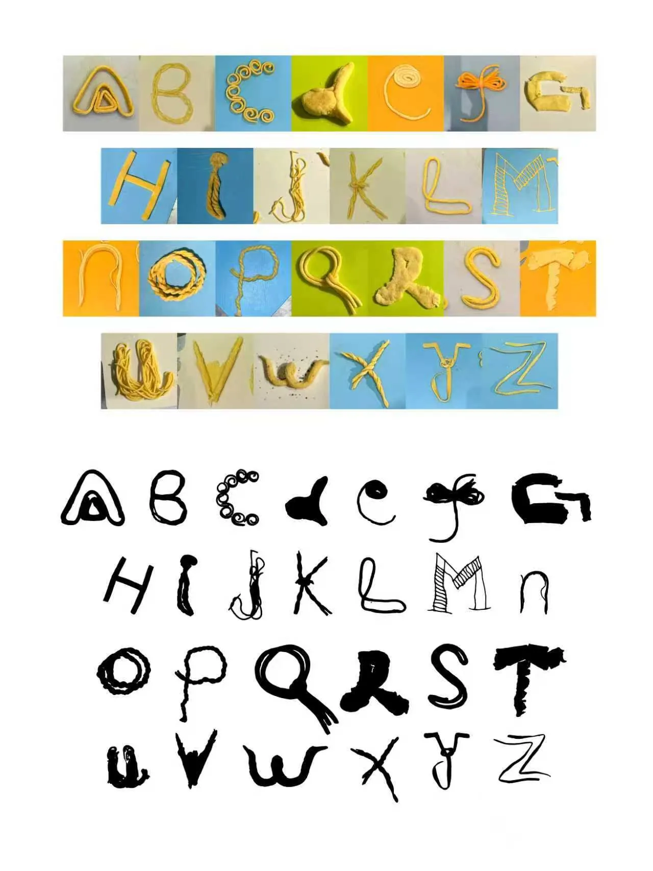 Twenty-six letters shaped in pasta, photographed on coloured boards, and the black glyphs traced from them