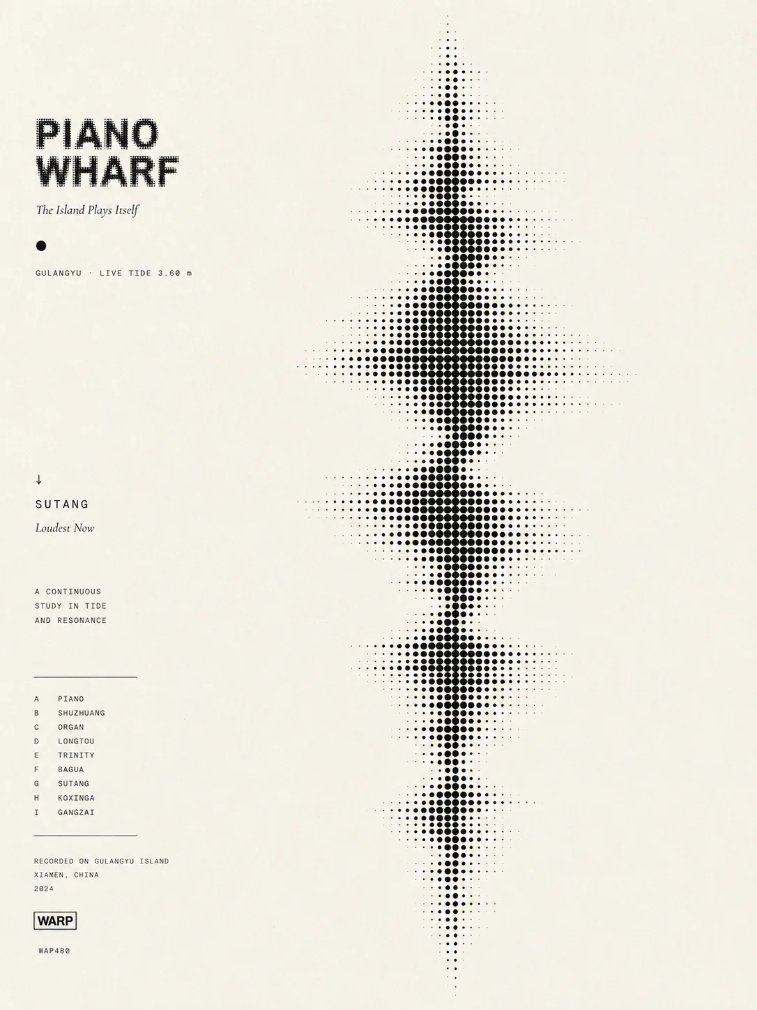 The Piano Wharf poster: the dot wordmark over one vertical waveform of dots, with the loudest place-names listed