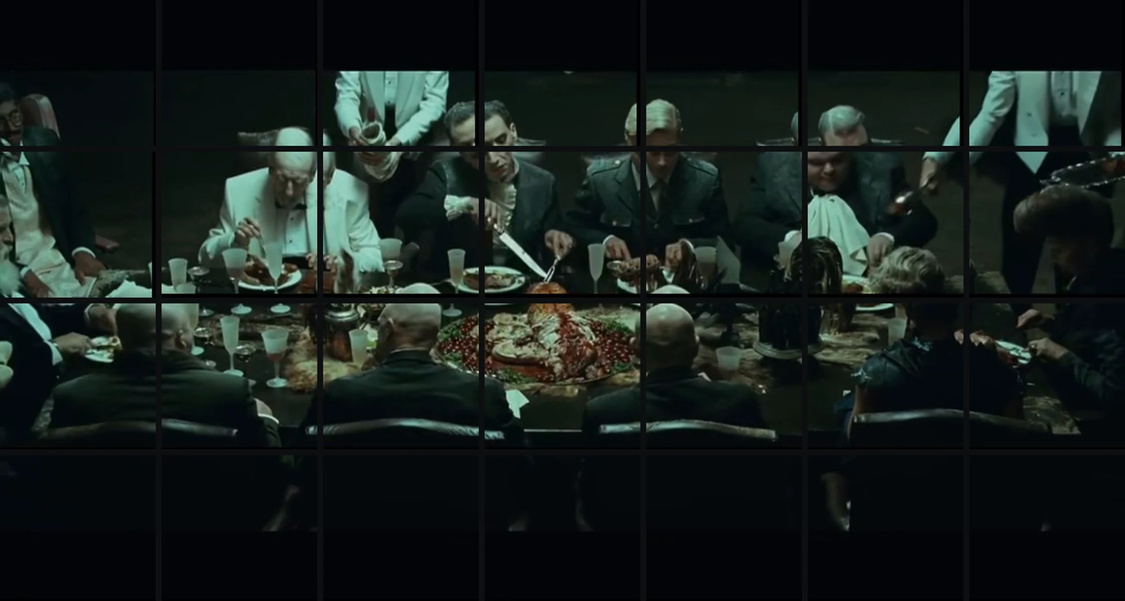 Next Floor’s banquet as it plays on my screen wall: one shot of the film, cut into four rows of seven screens.