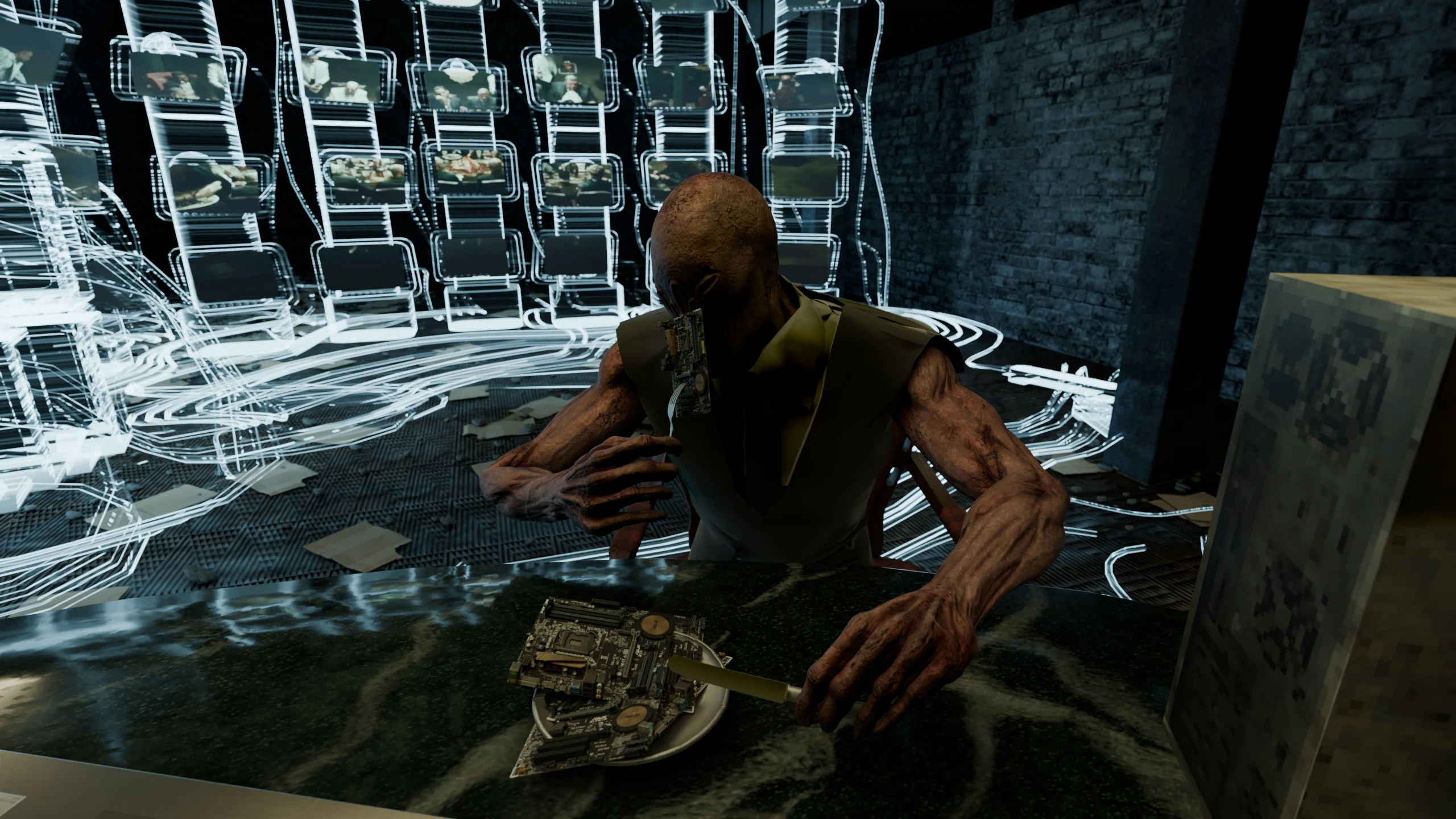 A mouthful: the board on the fork reaches the face, and the head leans in to bite.
