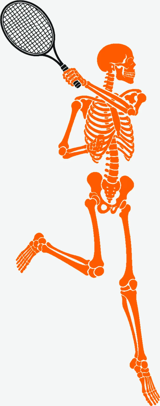 A skeleton at the finish of a forehand, mid-hop