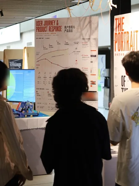 Visitors at the journey board, faces blurred