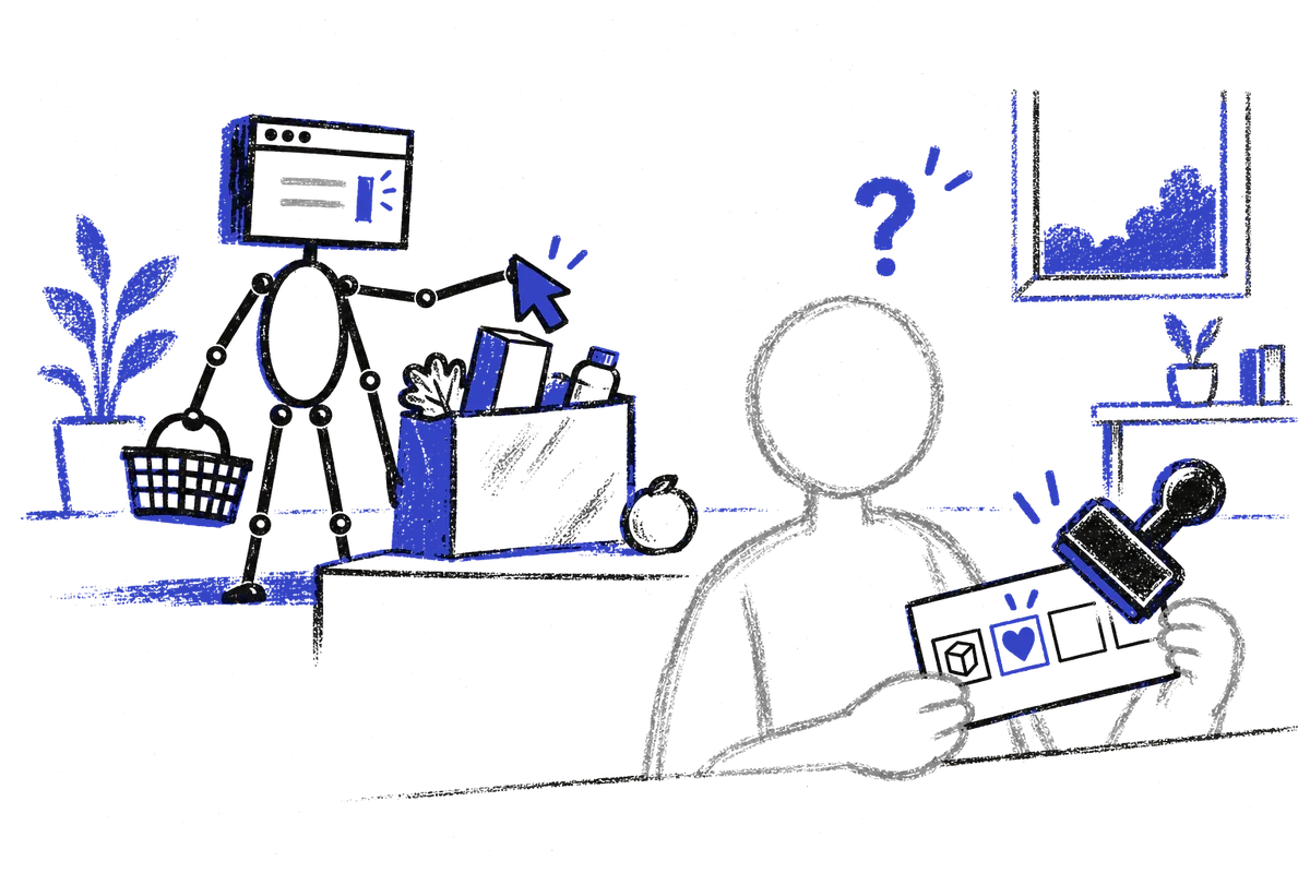 A person at a desk, a loyalty card and a stamp; behind, the AI with a basket