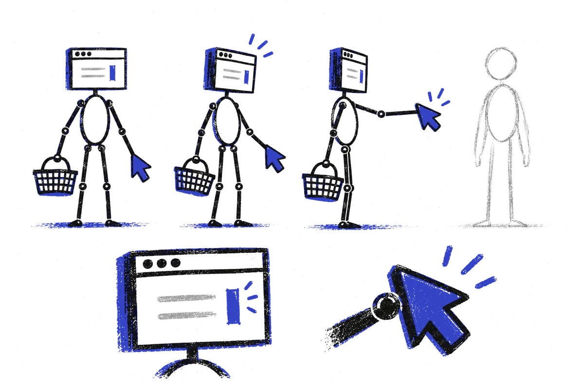The AI character in three poses, a browser window for a head, a basket in one hand and a cursor for the other; beside it, a person in grey outline