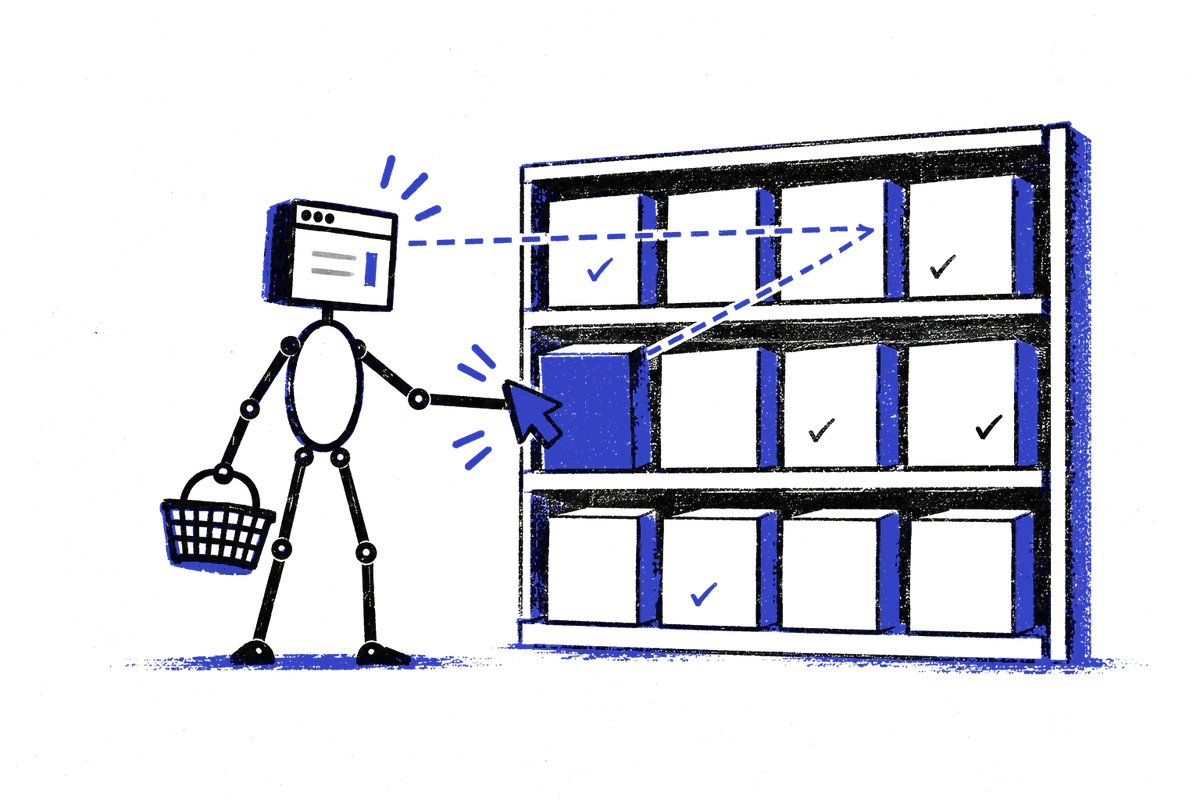 The AI, a browser window for a head, grabs a box from the shelf
