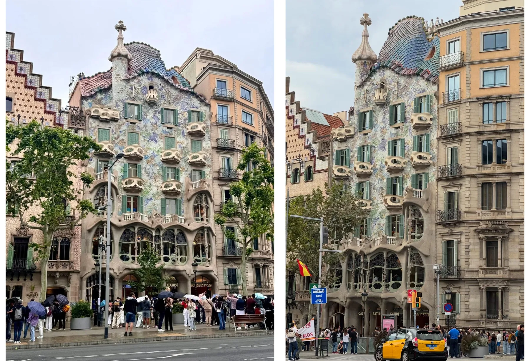 Two views of Casa Batlló, with crowds and a queue on the pavement in front
