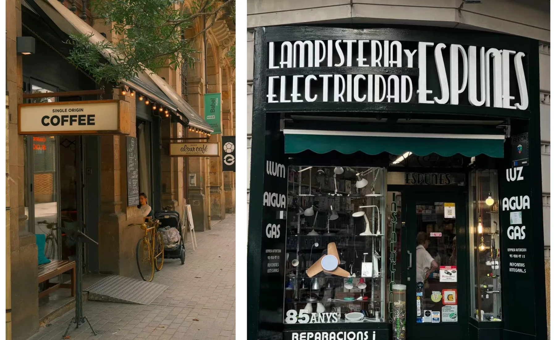Two shopfronts: a specialty coffee shop, and an old electrical shop whose sign says it is 85 years old