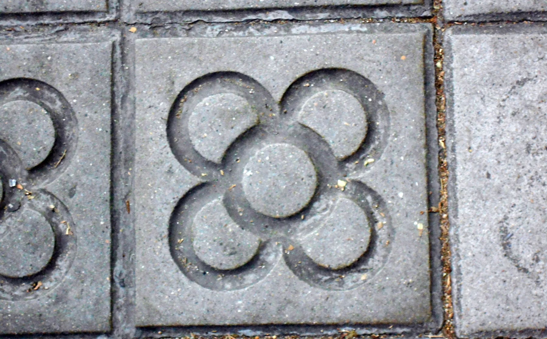 A Barcelona pavement tile with the four-petal Flor de Barcelona pattern