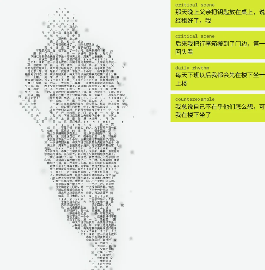 Act i’s screen: a figure printed in the visitor’s words, and the events the machine found