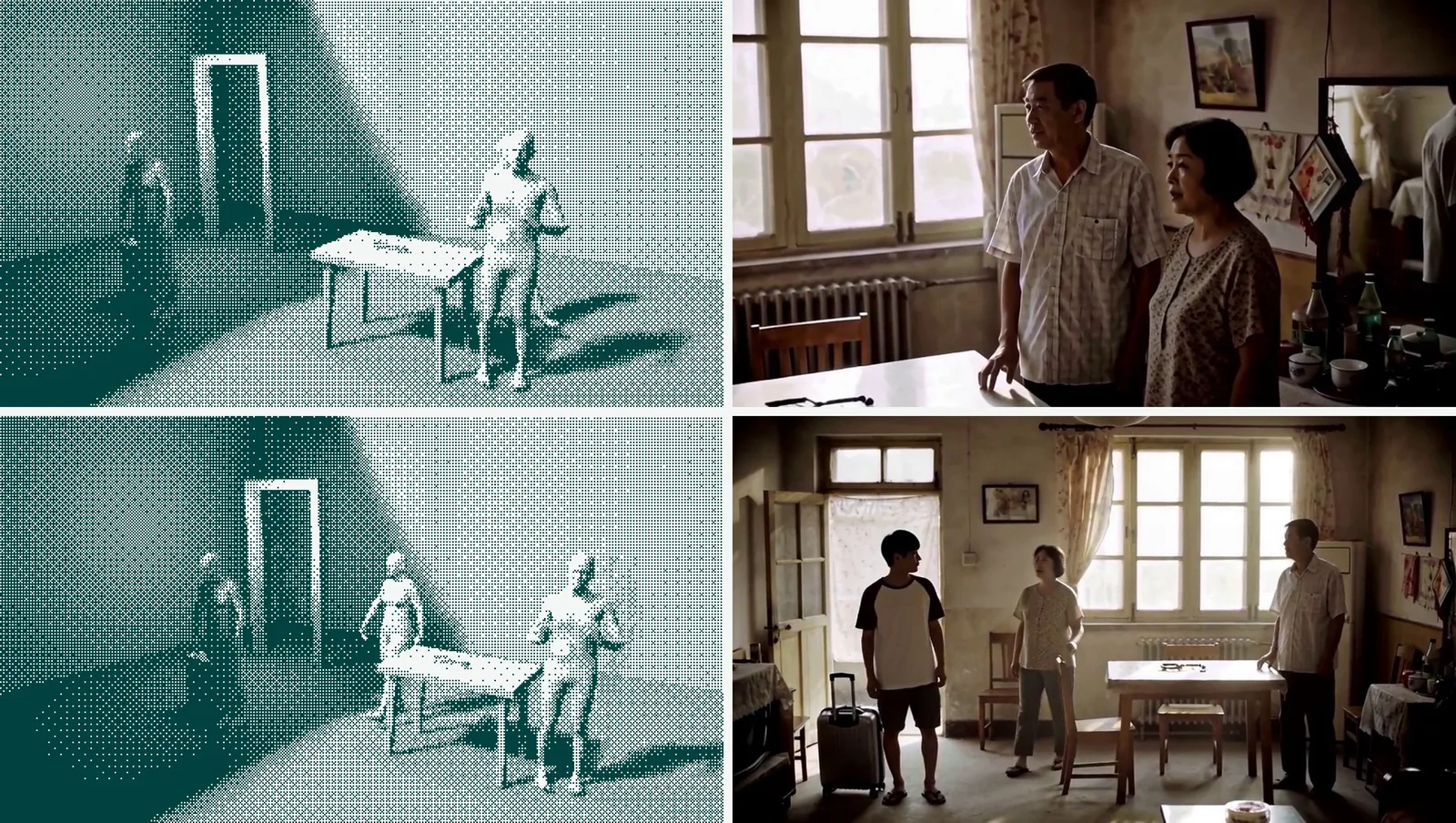 The mother’s first line, both ways: the rehearsal in dots and the generated tape in colour